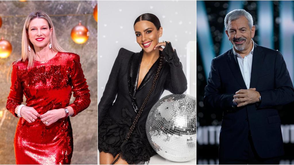 Anne Igartiburu, Cristina Pedroche y Carlos Sobera en montaje de BLUPER.