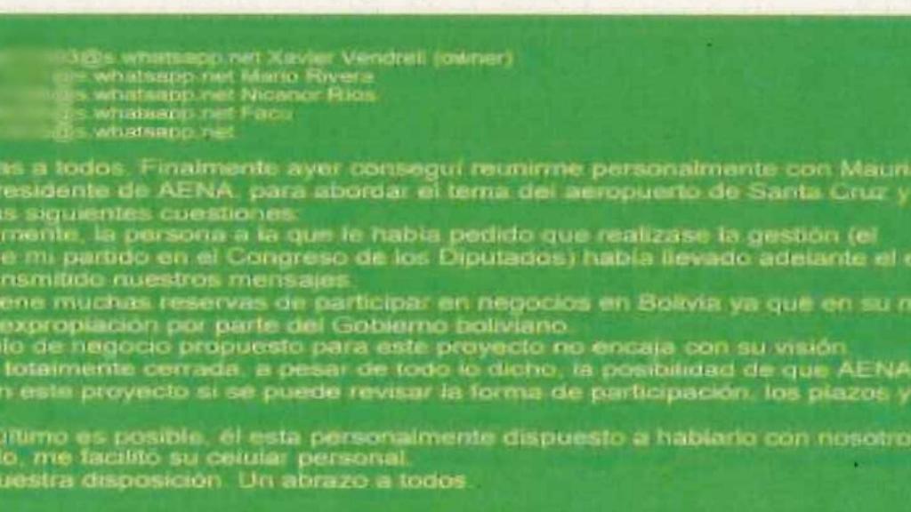 Xavier Vendrell comunica a sus socios, en un mensaje de Telegram, la negativa del presidente de AENA al proyecto de Bolivia.