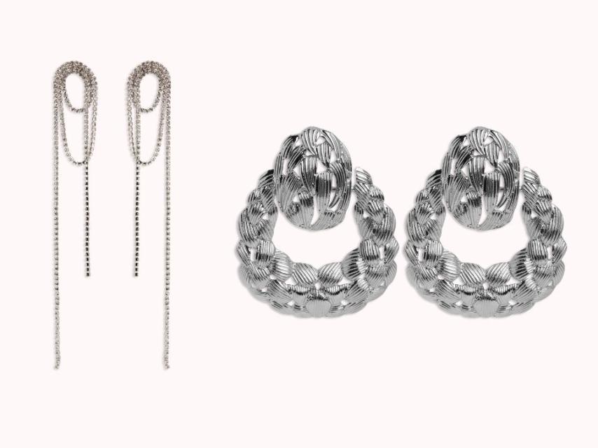 Pendiente colgante de strass (5,99 euros) y Pendiente aro plateado (6,99 euros).