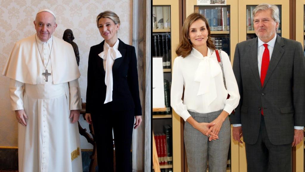 Yolanda Díaz en su audiencia con el Papa (2021, Ministerio de Trabajo) y la Reina Letizia junto al exministro de Educación Íñigo Méndez de Vigo (2017, Casa Real).
