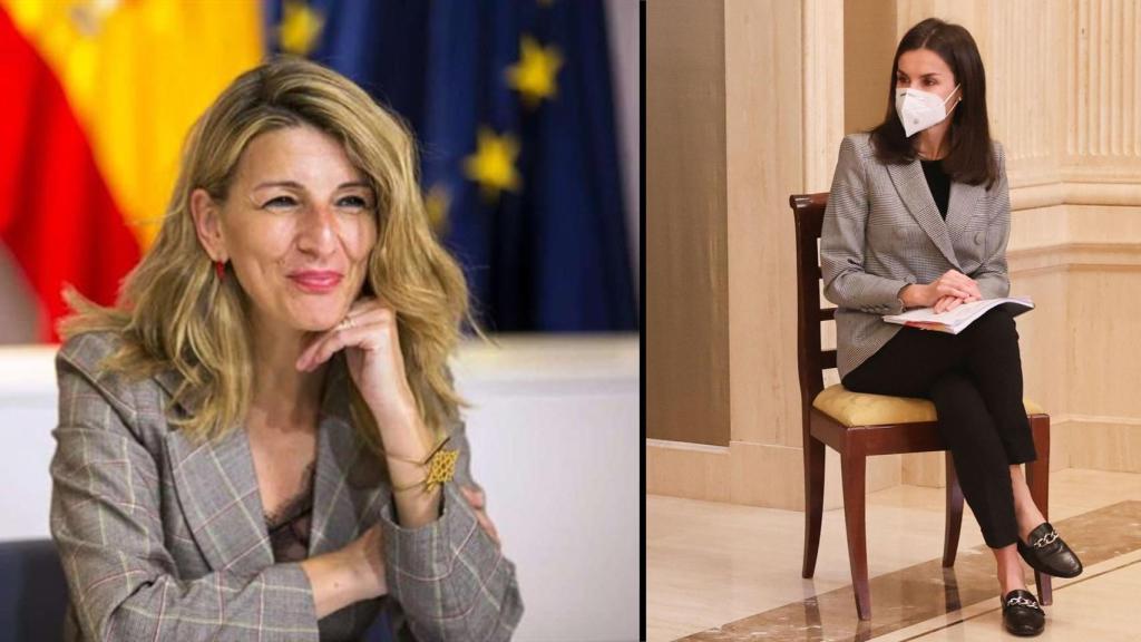 Yolanda Díaz en la Conferencia de Alto Nivel sobre el papel de la Economía Social (2021, Moncloa), y la Reina Letizia en la audiencia con la Confederación Salud Mental España (2021, Casa Real).