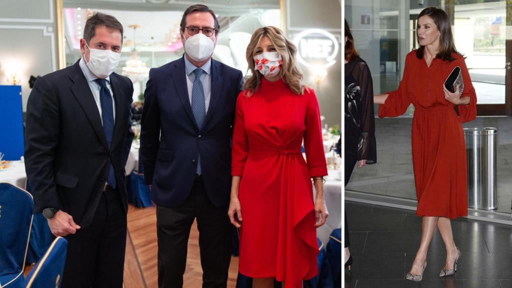 Yolanda Díaz en los premios de la CEPYME (2021, Europa Press) y la Reina Letizia en la III Conferencia Internacional sobre Escuelas Seguras (2019, archivo).