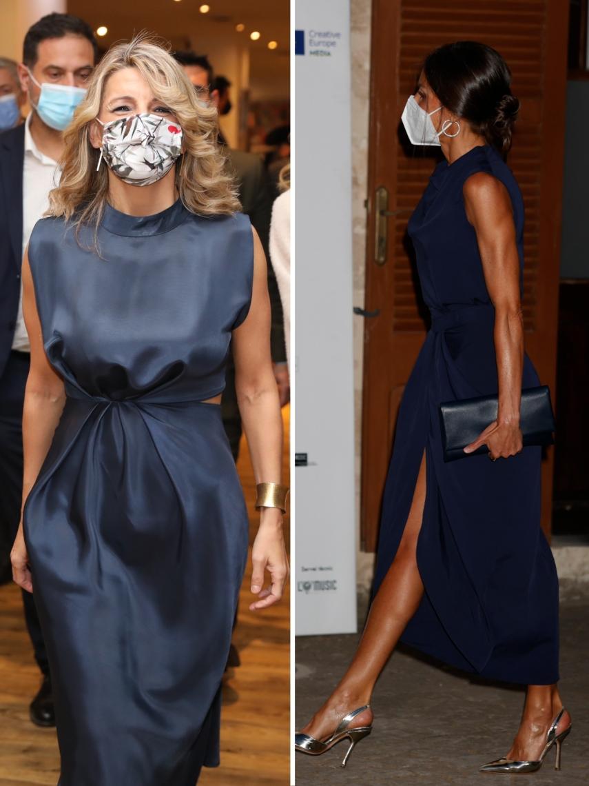 Yolanda Díaz a la entrada de los premios de APIE (2021, Europa Press), y la Reina Letizia en el Atlàntida Mallorca Film Fest 2021 (GTRES).