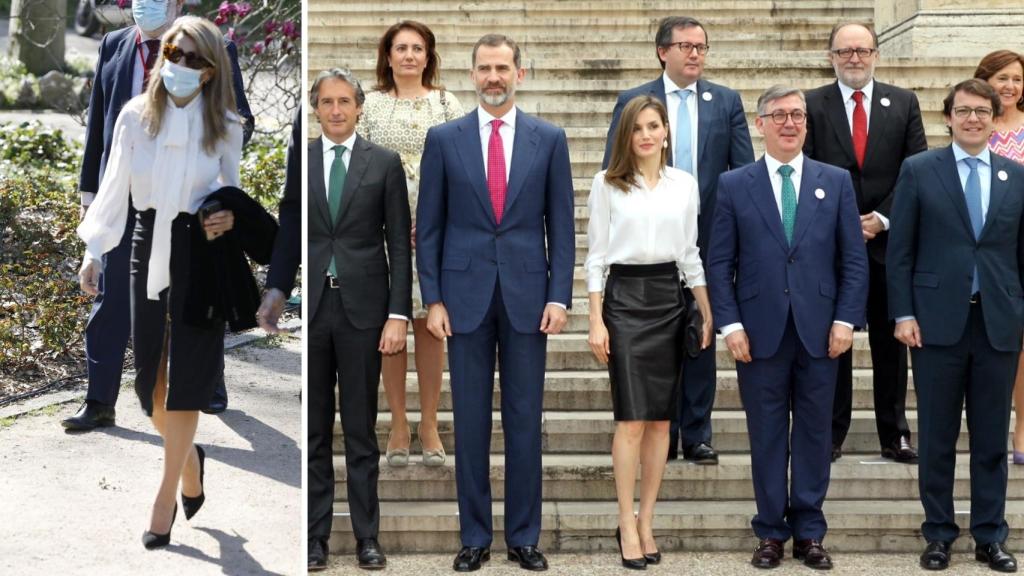 Yolanda Díaz en el homenaje a las víctimas del terrorismo (2021, GTRES) y los Reyes en la inauguración de la exposición 'Scripta' (2017, Casa Real).