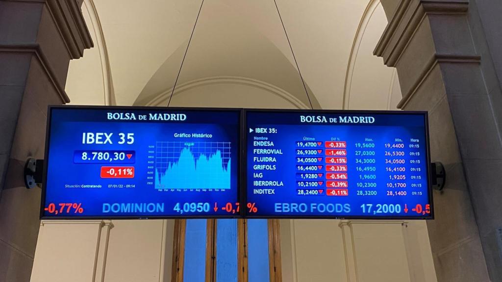 Pantallas de la Bolsa de Madrid este viernes.