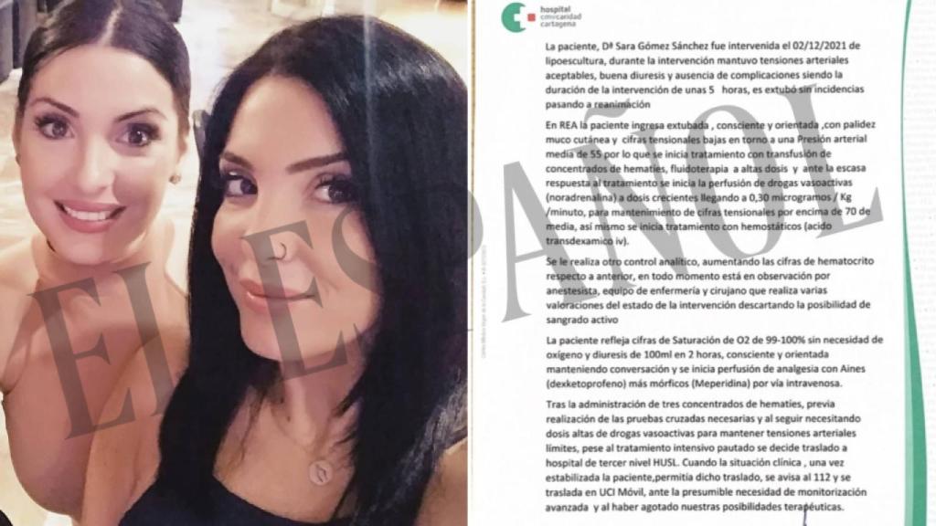 Sara Gómez posa con su hermana, Nora, y al lado el informe del anestesista.