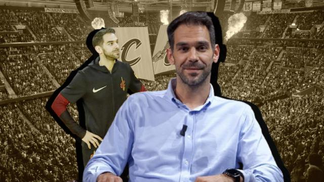 Jose Manuel Calderón, en un fotomontaje de su etapa en Cleveland Cavaliers como jugador y el Rocket Mortgage FieldHouse.