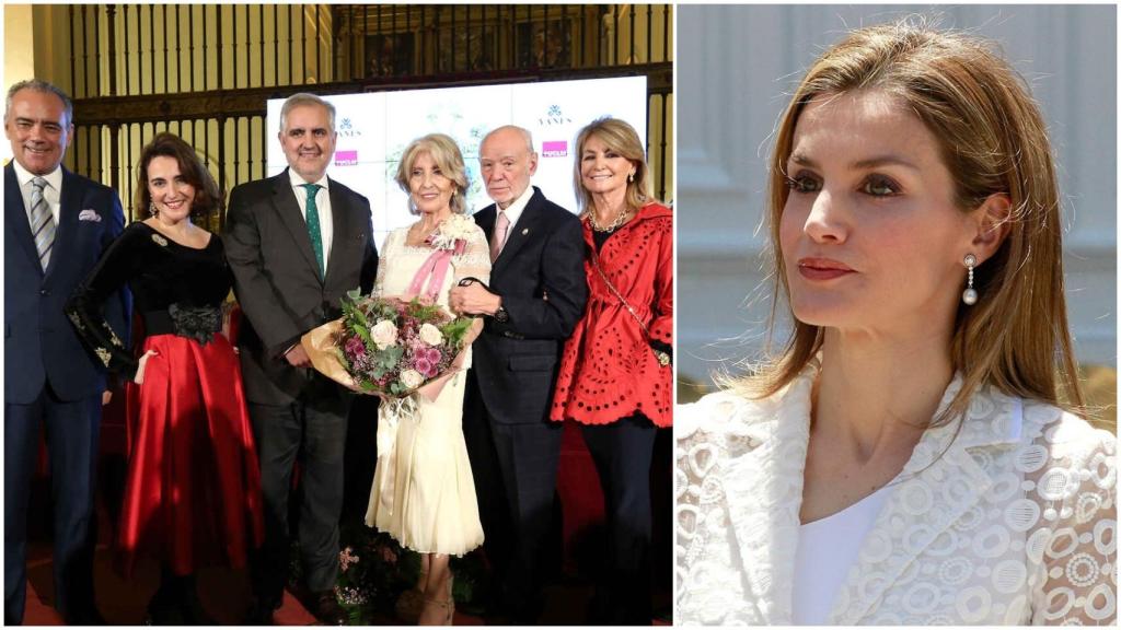 La familia Yanes al completo (derecha) con la reina Letizia a la izquierda llevando unos pendientes de la familia de Toledo.
