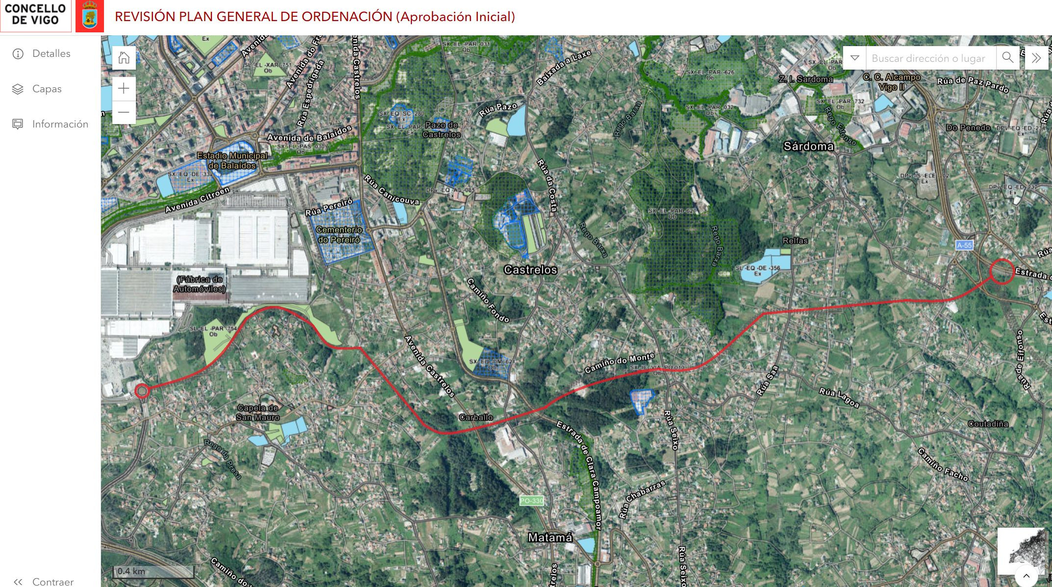 Proyección del vial PO-010 en el PXOM (trazado señalizado por Treintayseis a partir de la Revisión del PXOM en la web del Concello de Vigo).