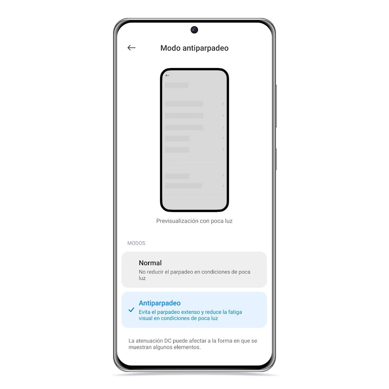 Modo Antiparpadeo Xiaomi en Ajustes