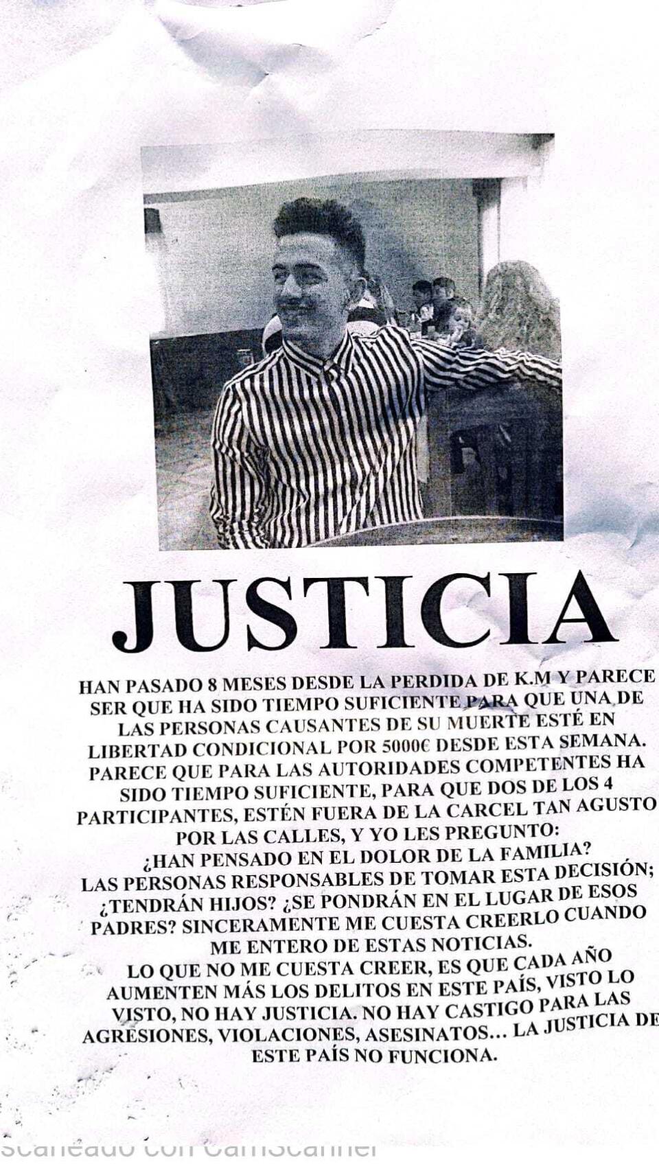 El panfleto que un anónimo está distribuyendo por Jumilla criticando la puesta en libertad de dos implicados en la muerte de Kevin.