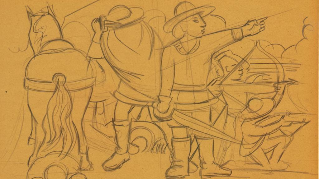 Diego Rivera: Boceto de 'La muerte del líder Roquetilla' para la grisalla del Palacio de Hernán Cortés en Cuernavaca