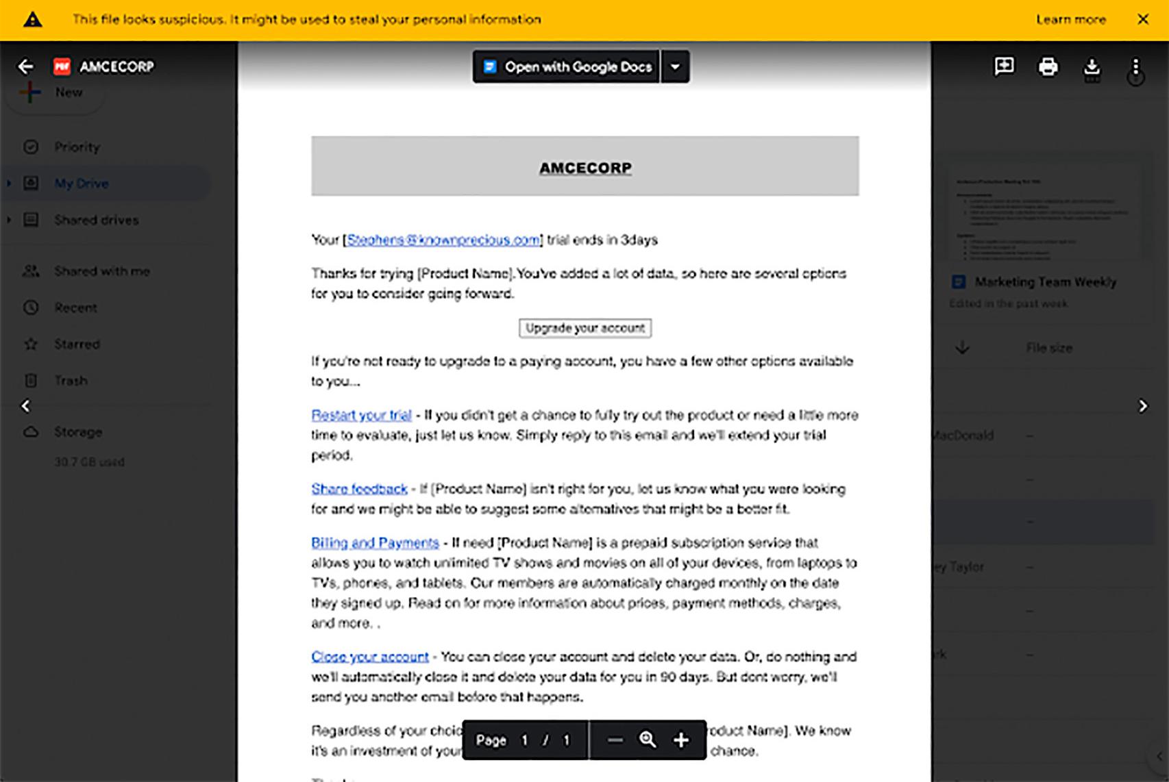 Aviso en Google Drive