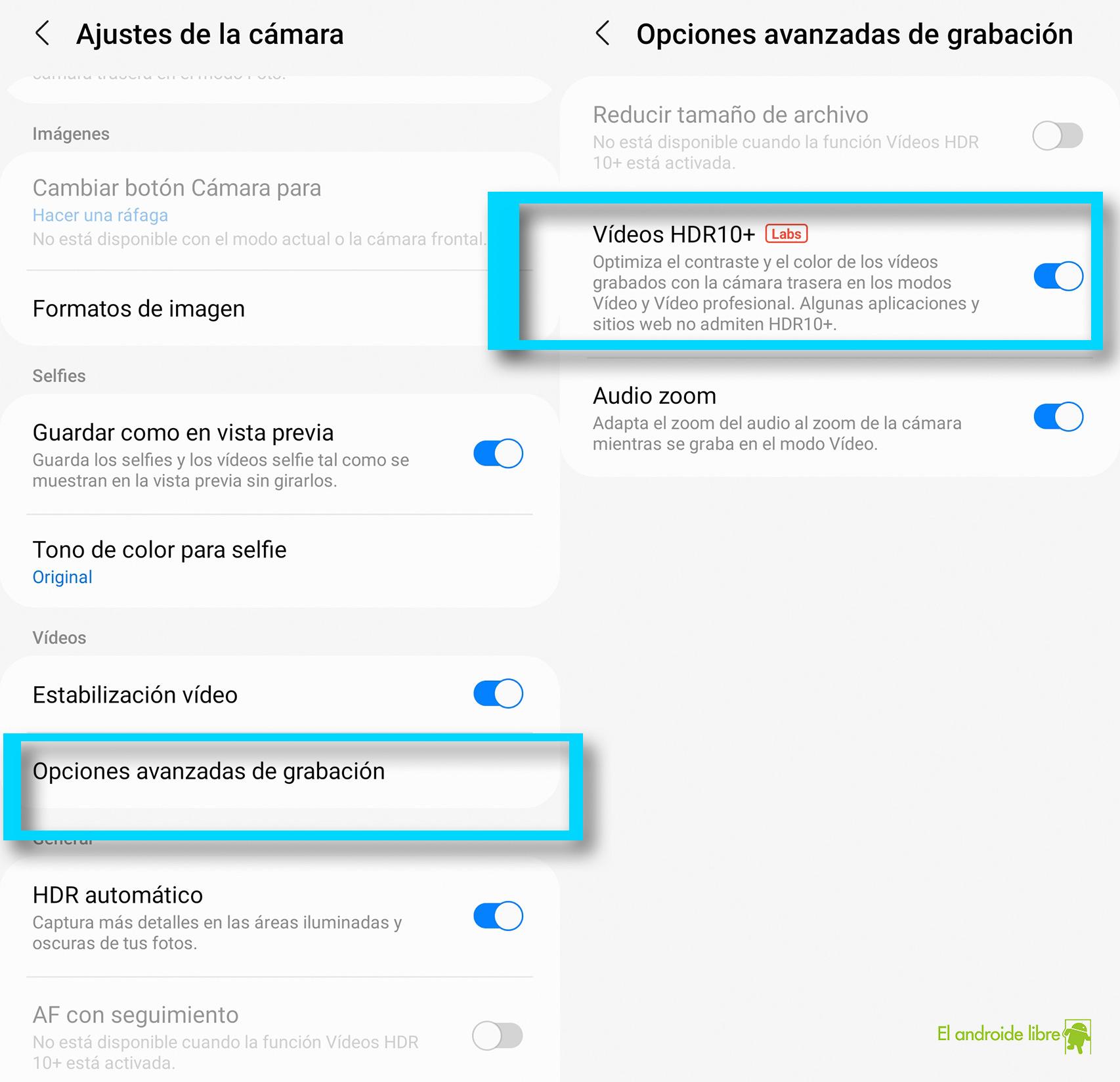 Ajustes de la cámara