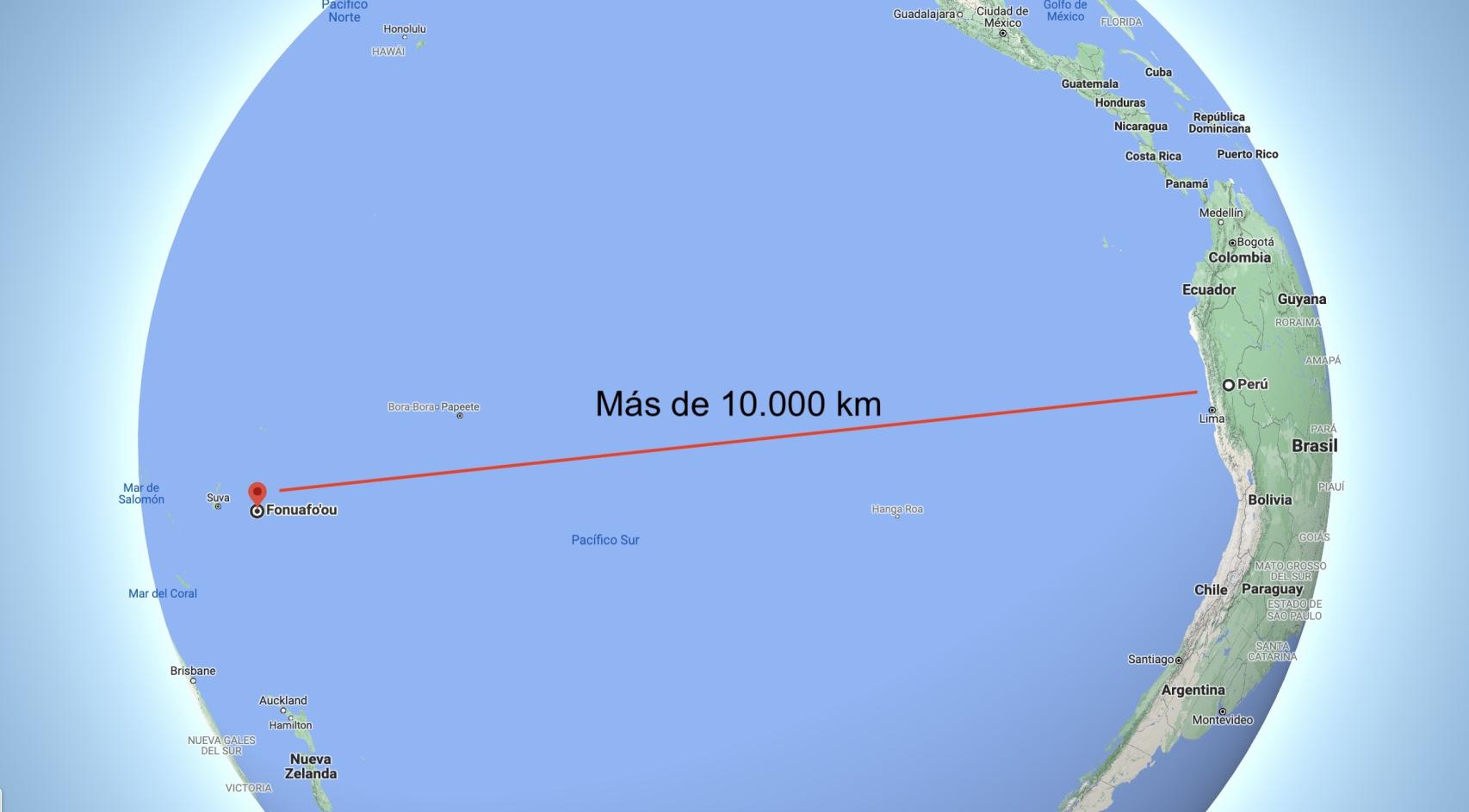 Distancia entre la erupción de Tonga y las costas de Perú