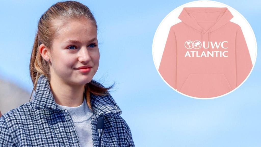 La princesa de Asturias junto a una sudadera del UWC Atlantic College.