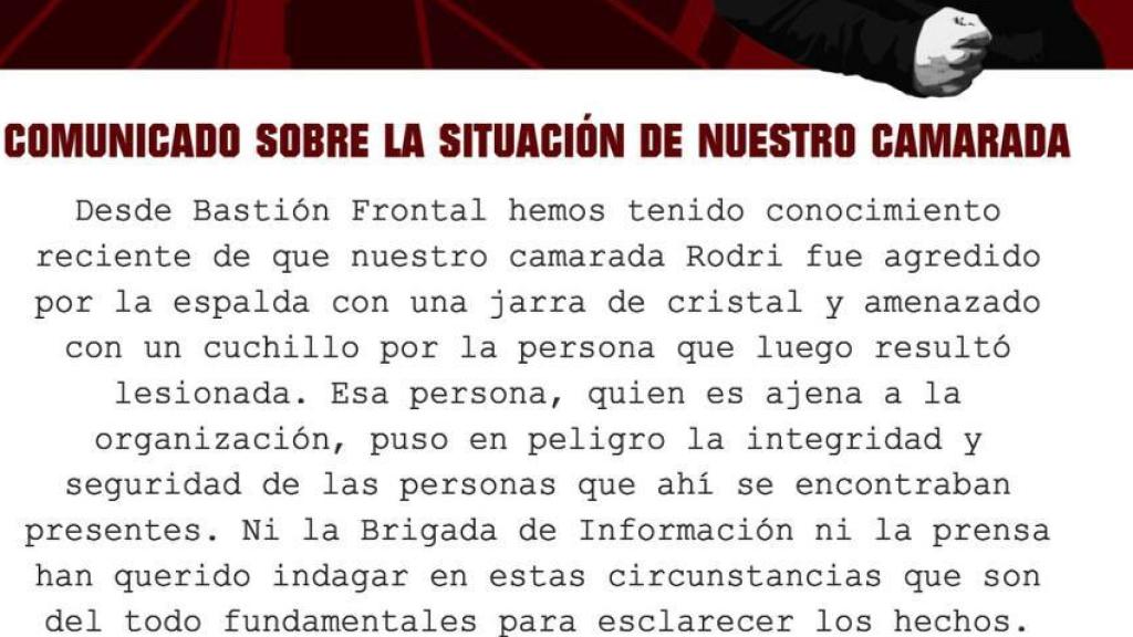 Comunicado de Bastión Frontal publicado este martes.