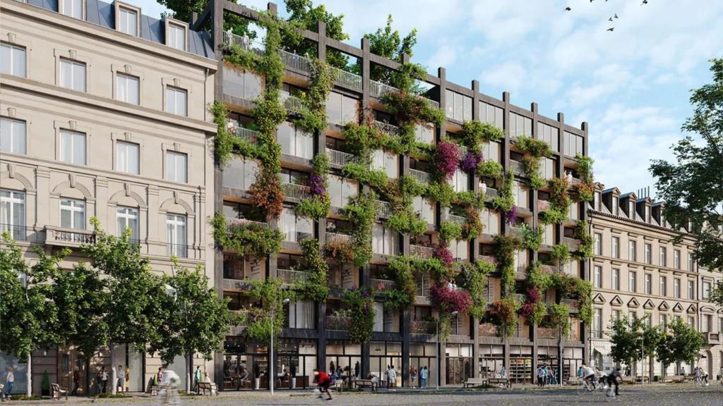 Edificio construido con casas prefabricadas.