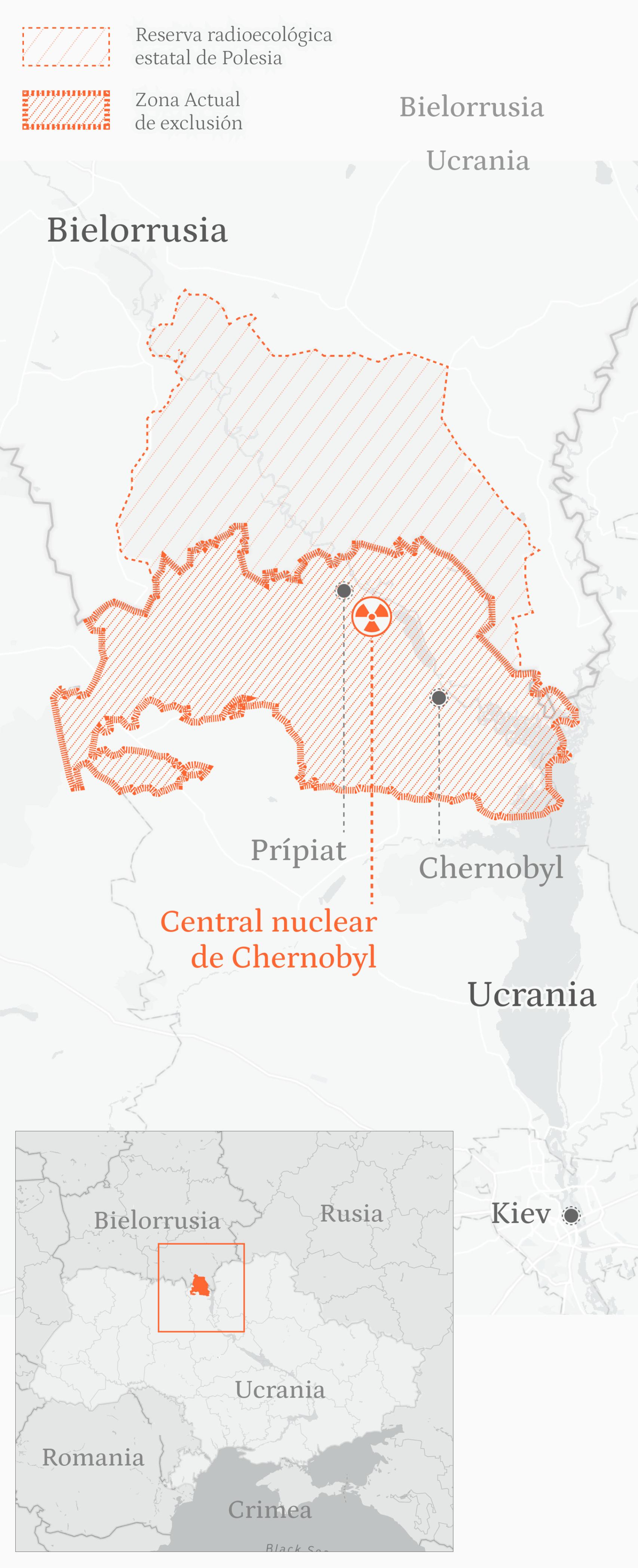 Mapa con la ubicación de la ciudad de Chernóbil, también escrito Chernobyl, y la central nuclear.