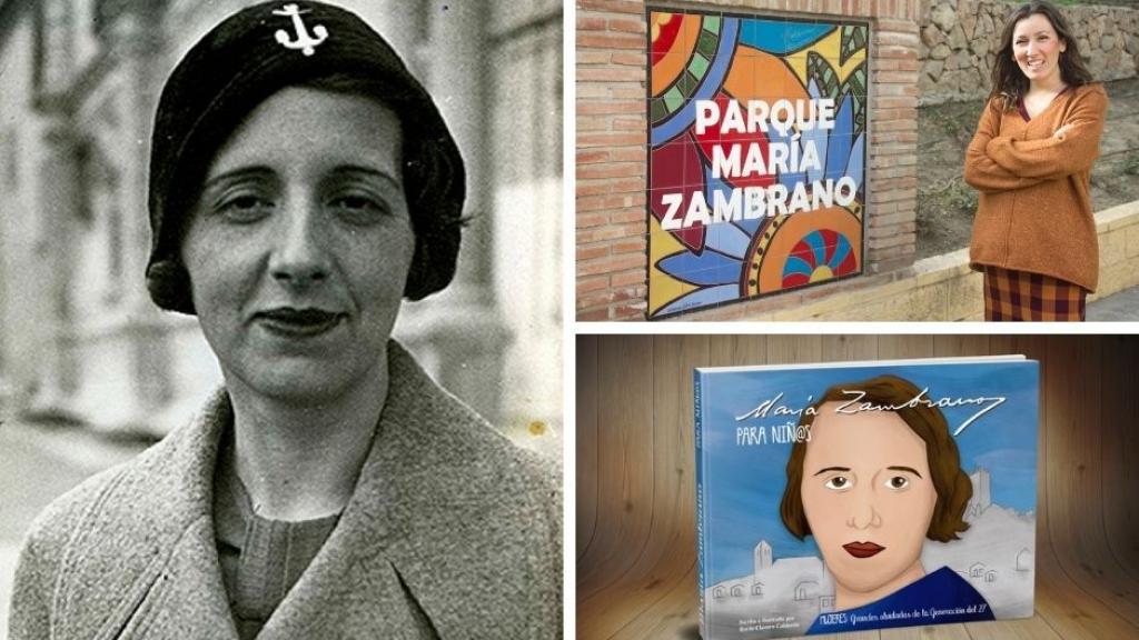 Un collage con María Zambrano, el libro ilustrado y su autora en un parque con su nombre.