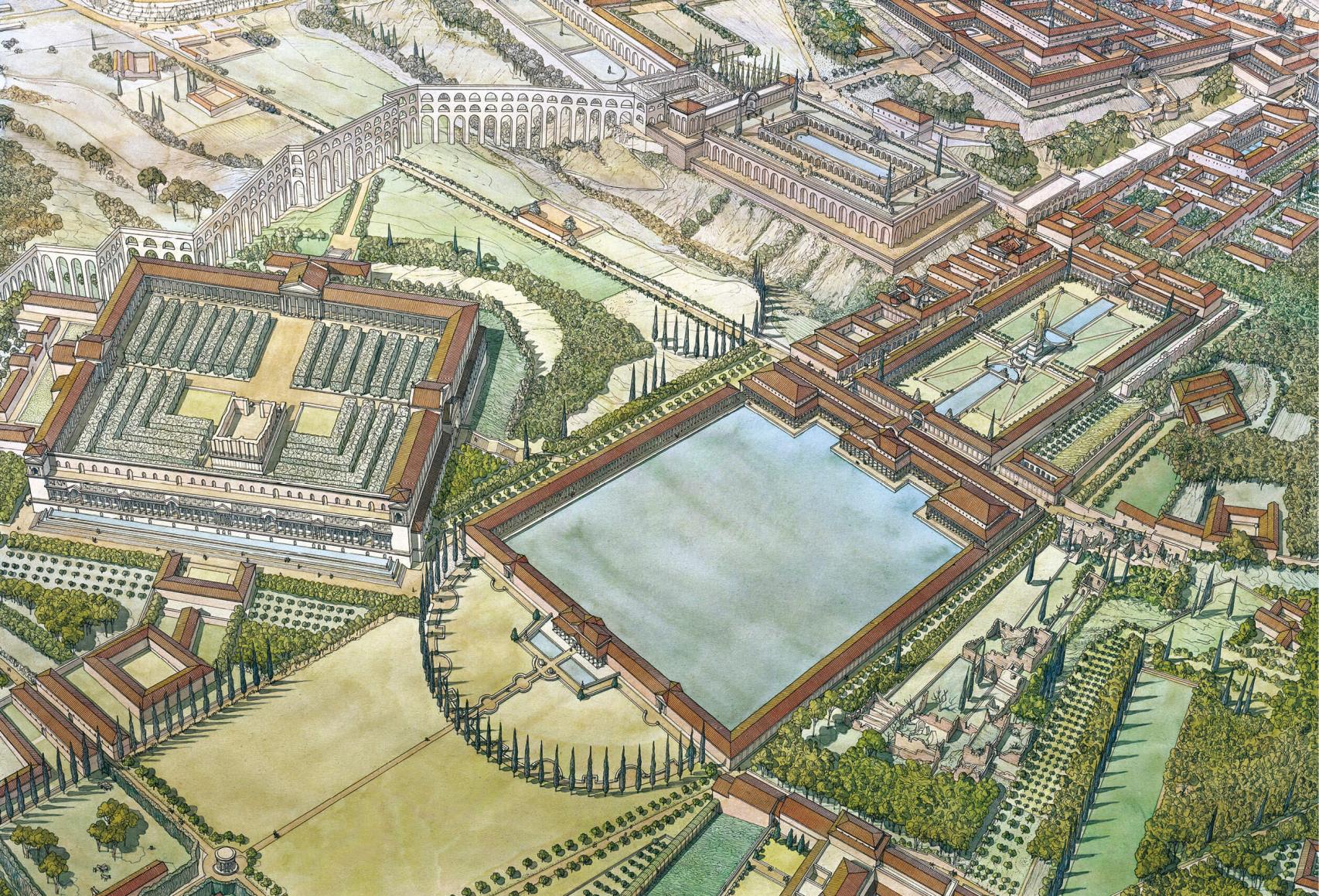 El Vestíbulo, el lago sobre cuyo emplazamiento se edificó años después el Coliseo, y el zócalo del templo de Claudio.