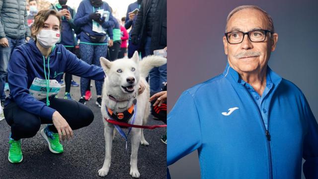A la derecha Fructuoso López, creador de Joma y, a la izquierda, Isabel Díaz Ayuso con las zapatillas de la marca.