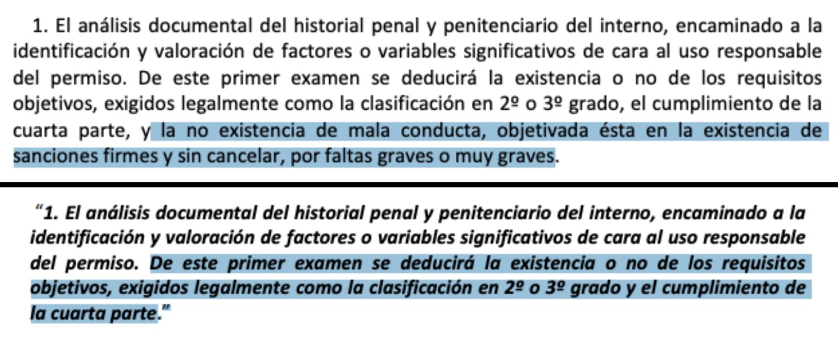 En la imagen superior, la redacción original de esta instrucción interna. Abajo, tras la modificación.