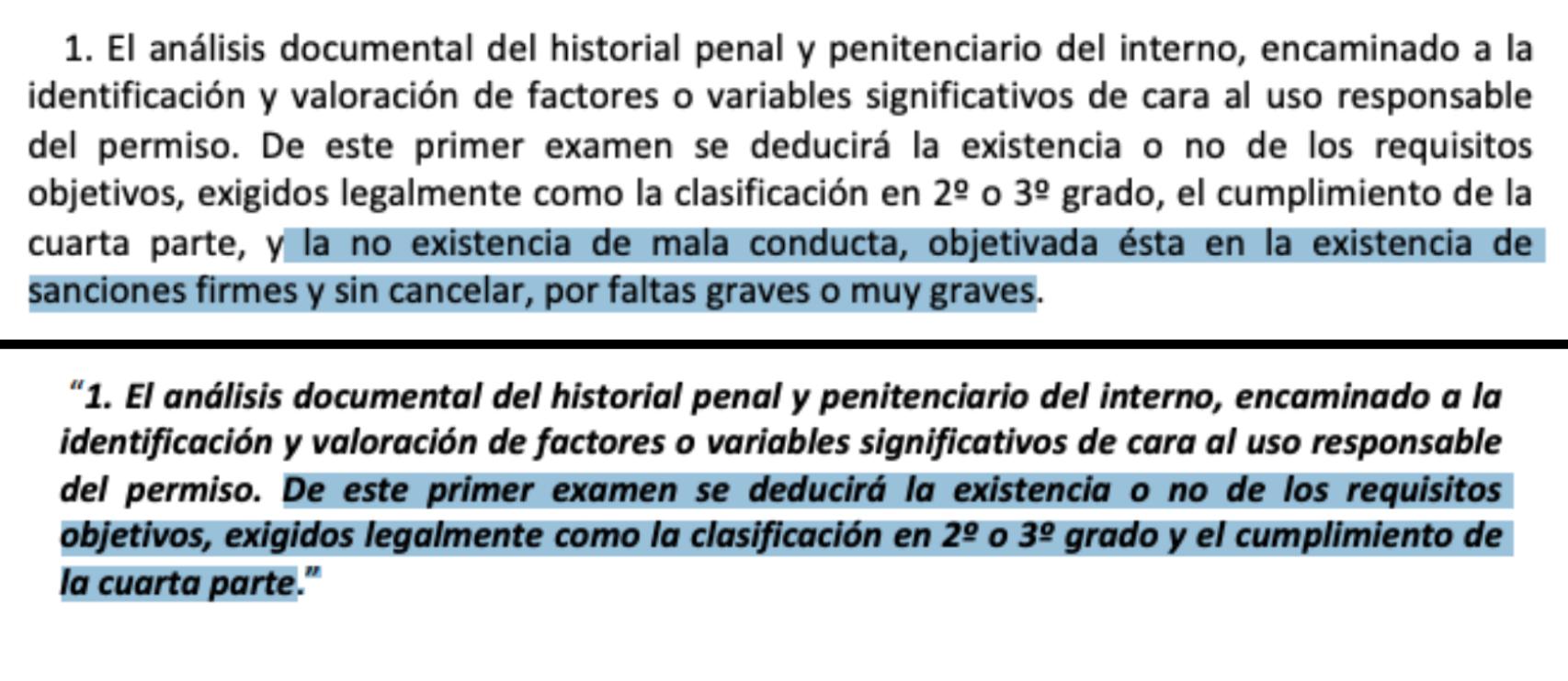 En la imagen superior, la redacción original de esta instrucción interna. Abajo, tras la modificación.