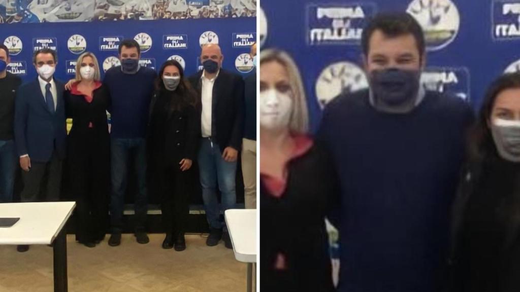 Matteo Salvini y dirigentes de su partido posan sin mascarilla, añadida con un editor de imagen.