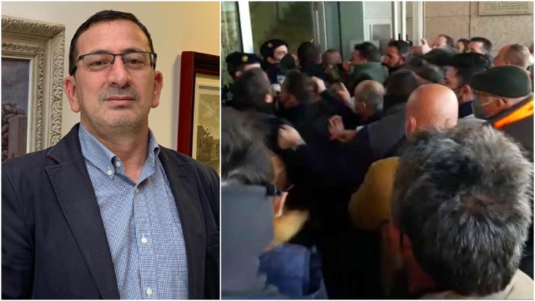El concejal de Urbanismo de Lorca, el socialista José Luis Ruiz, junto a una imagen de los disturbios que protagonizaron los ganaderos porcinos en el Pleno de este lunes.