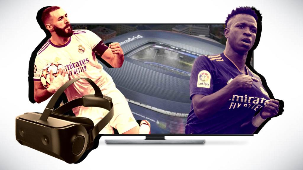 Karim Benzema y Vinicius Júnior, en un fotomontaje con el Nuevo Santiago Bernabéu y unas gafas de AR.