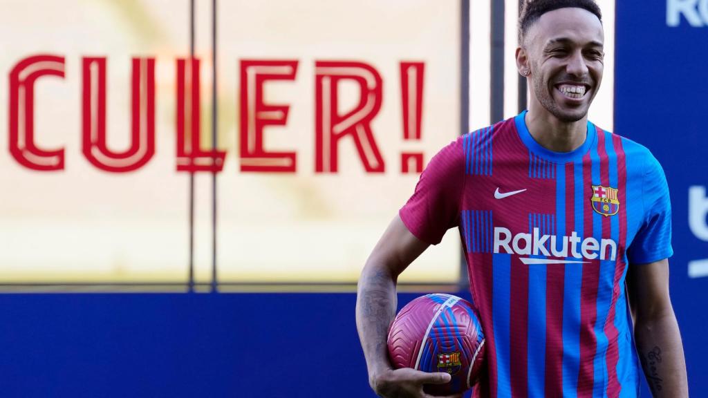 Pierre Emerick Aubameyang durante su presentación en el Camp Nou