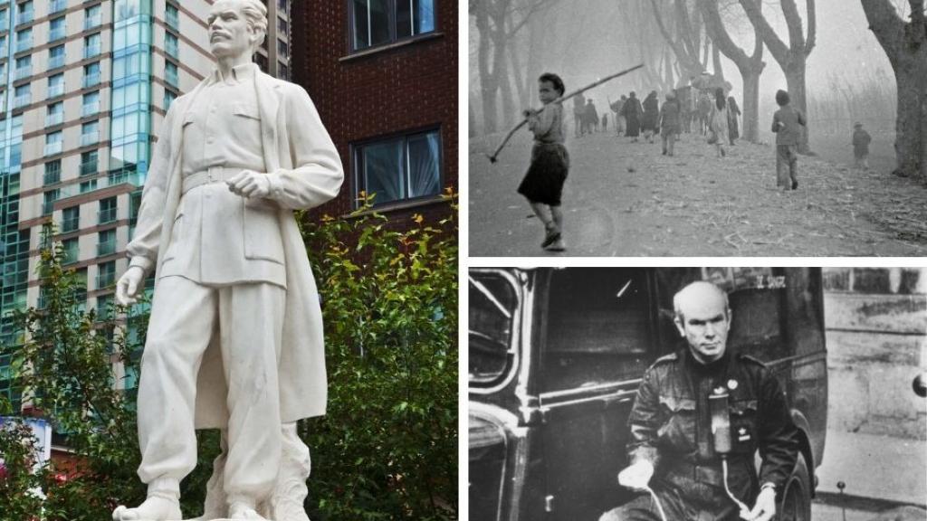 Norman Bethune en la ambulancia, una imagen de la Desbandá y la estatua del médico.