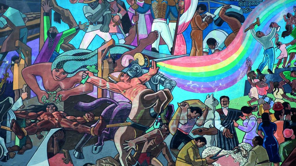 Detalle del mural realizado por Juan Bravo en 1992, en Cuzco, que muestra la historia de Perú. Imagen: Goran Bogicevic