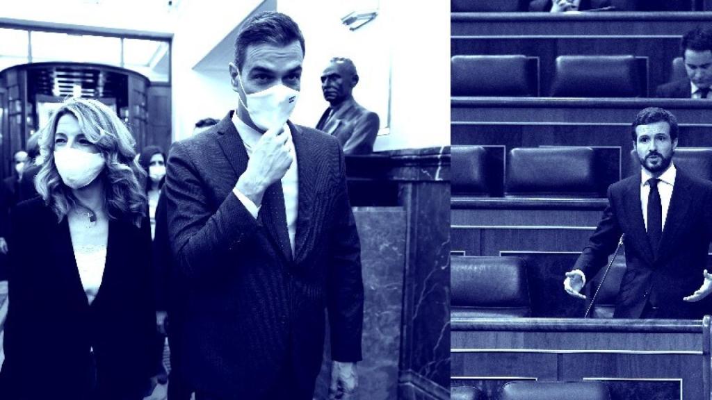 Yolanda Díaz, Pedro Sánchez y Pablo Casado en el Congreso.