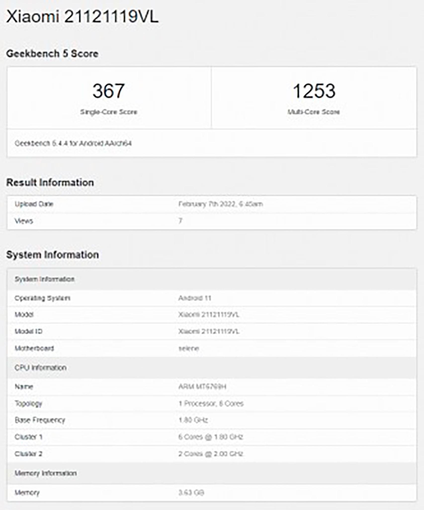 Redmi 10 pasado por Geekbench
