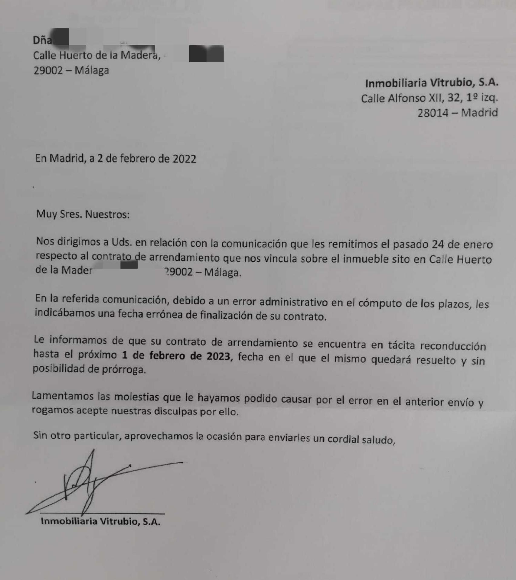 Carta de Vitrubio renovando el contrato a una de las inquilinas de El Perchel.
