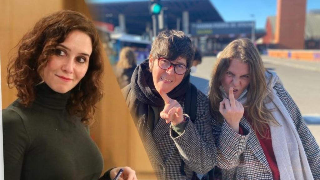 Díaz Ayuso, presidenta de la Comunidad de Madrid, y la líder de Podemos en Valencia, Pilar Lima, con su jefe de gabinete.