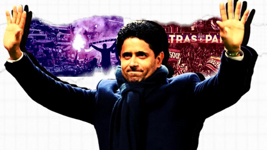 Nasser Al-Khelaifi y dos escenas de los aficionados ultras del PSG, en un fotomontaje.