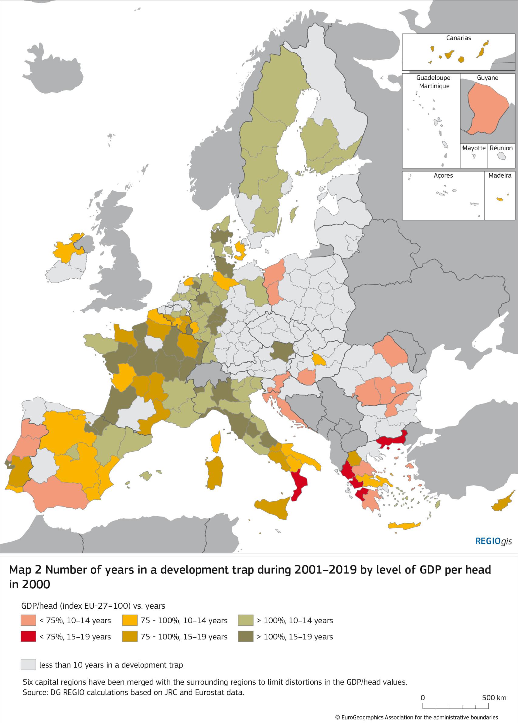 Número de años en una trampa de desarrollo entre 2001-2019 según el PIB per cápita en el año 2000