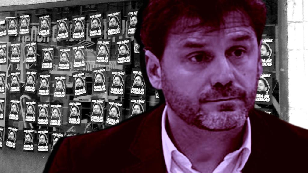 Luis Yañez, en un fotomontaje con las pegatinas alrededor de Vallecas.