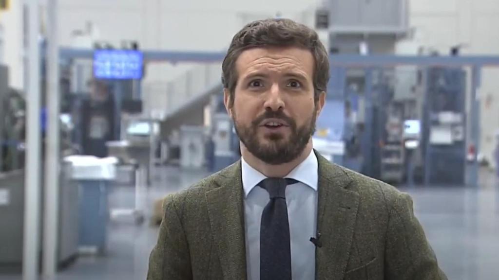 El líder del PP, Pablo Casado, esta mañana en Miranda de Ebro (Burgos).