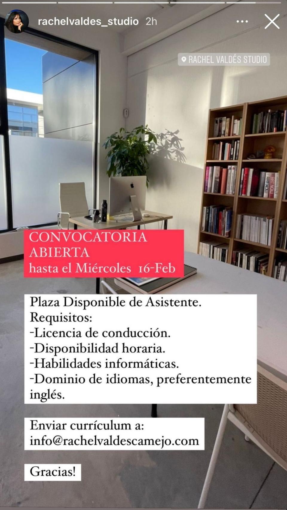 Los detalles de la oferta de trabajo publicada por Rachel Valdés.