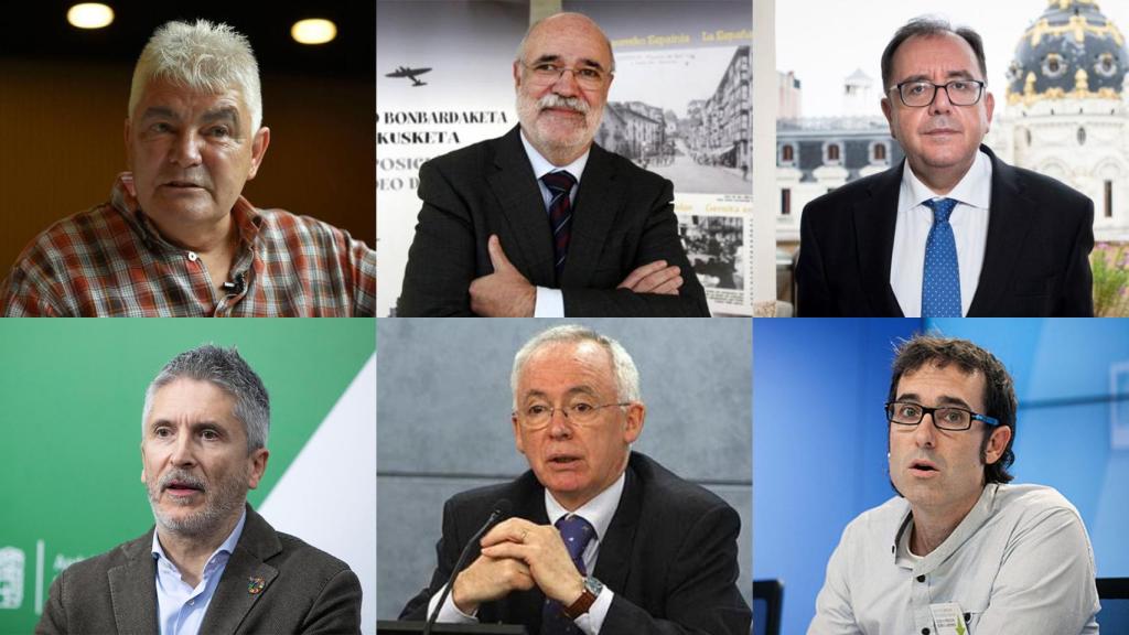 De izquierda a derecha y de arriba abajo: el etarra José Antonio López Ruiz Kubati;  Jesús Loza Aguirre, delegado del Gobierno en el País Vasco;  Ángel Luis Ortiz, secretario general de Instituciones Penitenciarias;  Fernando Grande-Marlaska, ministro del Interior;  Joseba Azkarraga, portavoz de la red ciudadana de apoyo a los presos de ETA Sare; y Julen Arzuaga, diputado de EH Bildu en el Parlamento vasco.