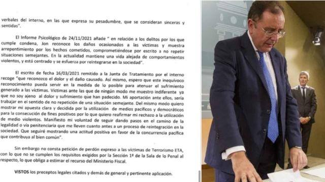 La carta del etarra en el auto del juez. A la derecha, el secretario general de Prisiones y el ministro del Interior.