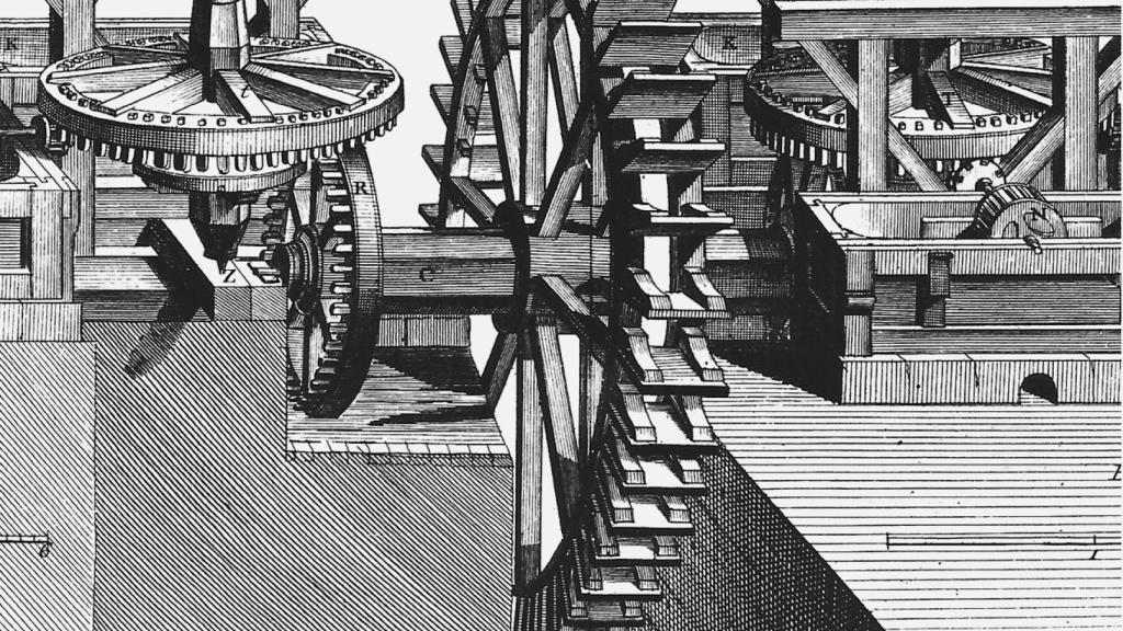 Grabado de una rueda hidráulica. 'Enciclopedia' (Diderot y D’Alembert, 1769-1772). de 'Energía y civilización' (Arpa)