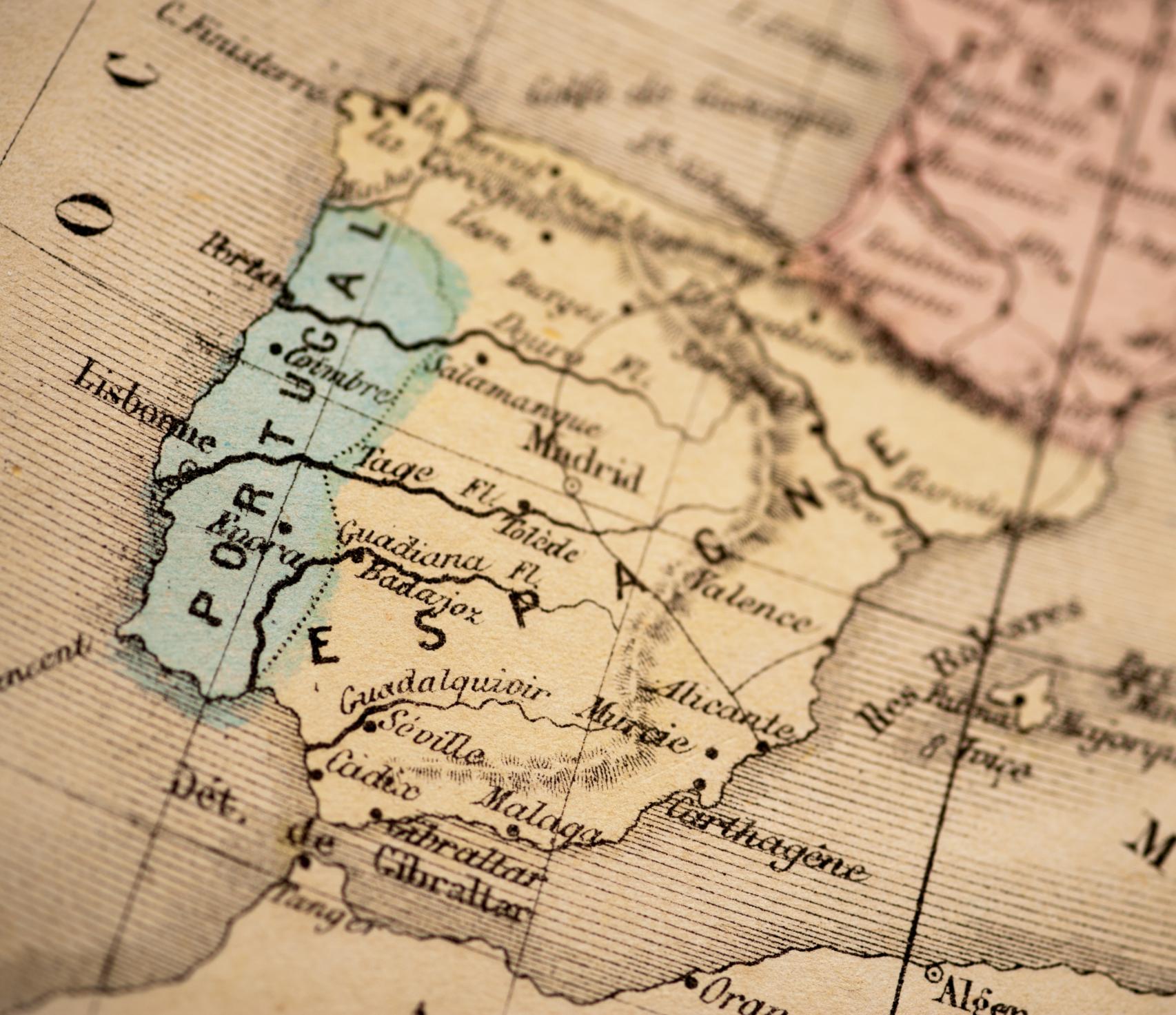 Mapa antiguo de España y Portugal.