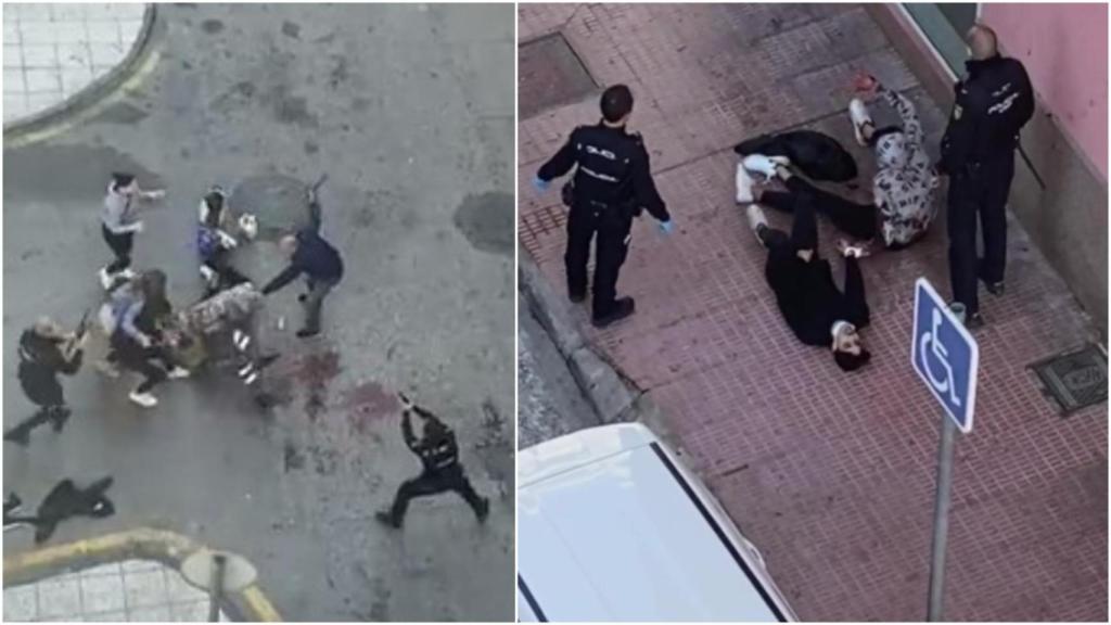 Los policías nacionales empuñando sus armas, y al lado, el momento de la detención de los agresores.