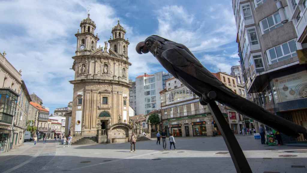Estatua del loro Ravachol en la plaza de la Peregrina, en Pontevedra.