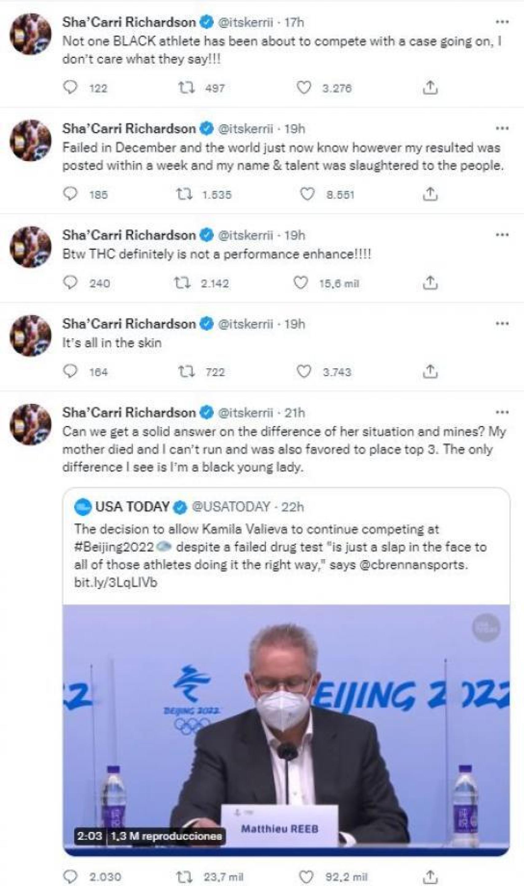 Las publicaciones de Sha'Carri Richardson en sus redes sociales.